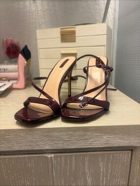 Strappy Patent Leather Burgundy High Heel Sandals - Women
